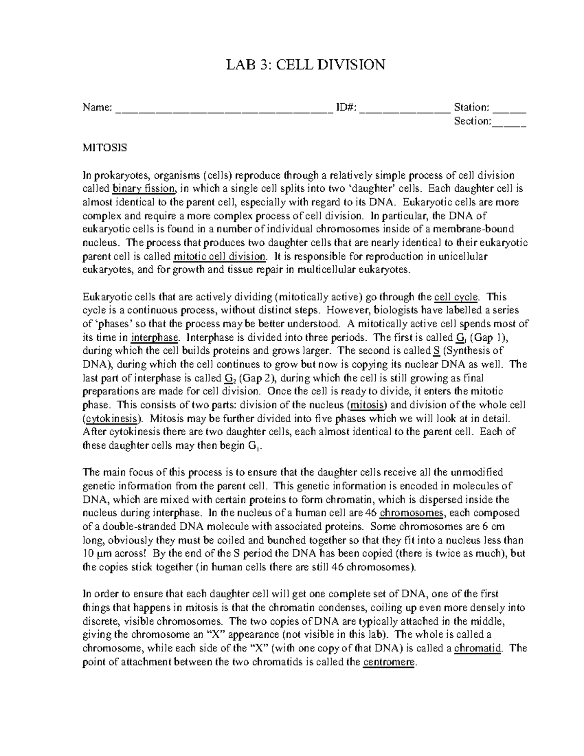 BIOL 201 Lab manual : Lab 3 Introducing cell division and different ...