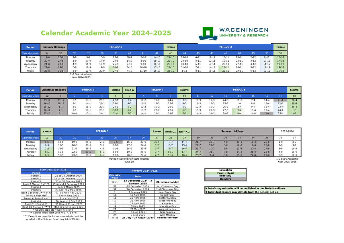 Calendar WUR AY 20242025 Period Exams Exams Calender week 34 35 36