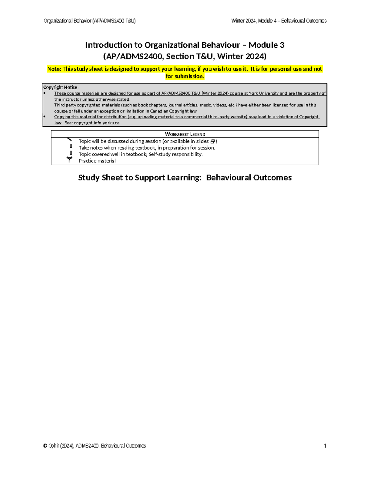 Module 03 2400 W2024 studysheet - behavioural outcomes - Organizational ...