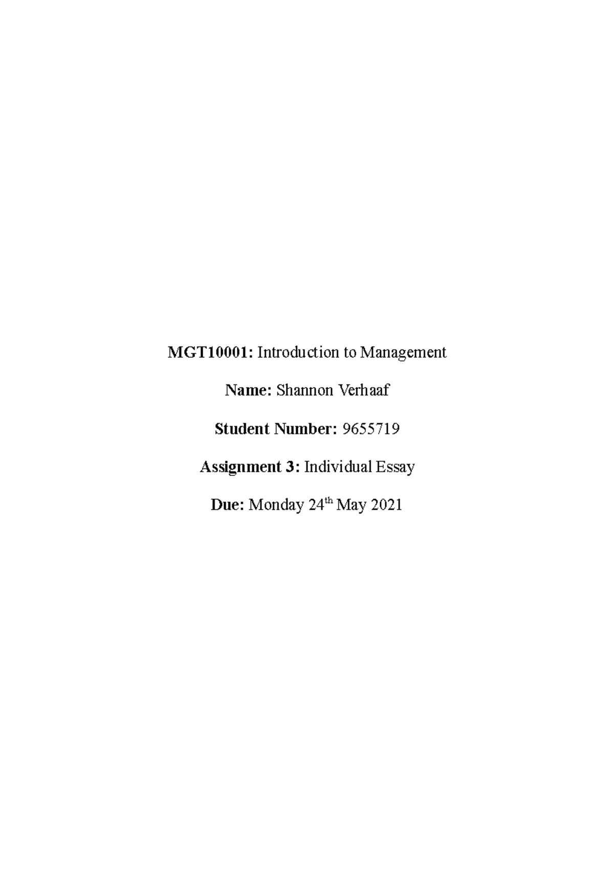 mgt10001 introduction to management assignment 3 individual essay