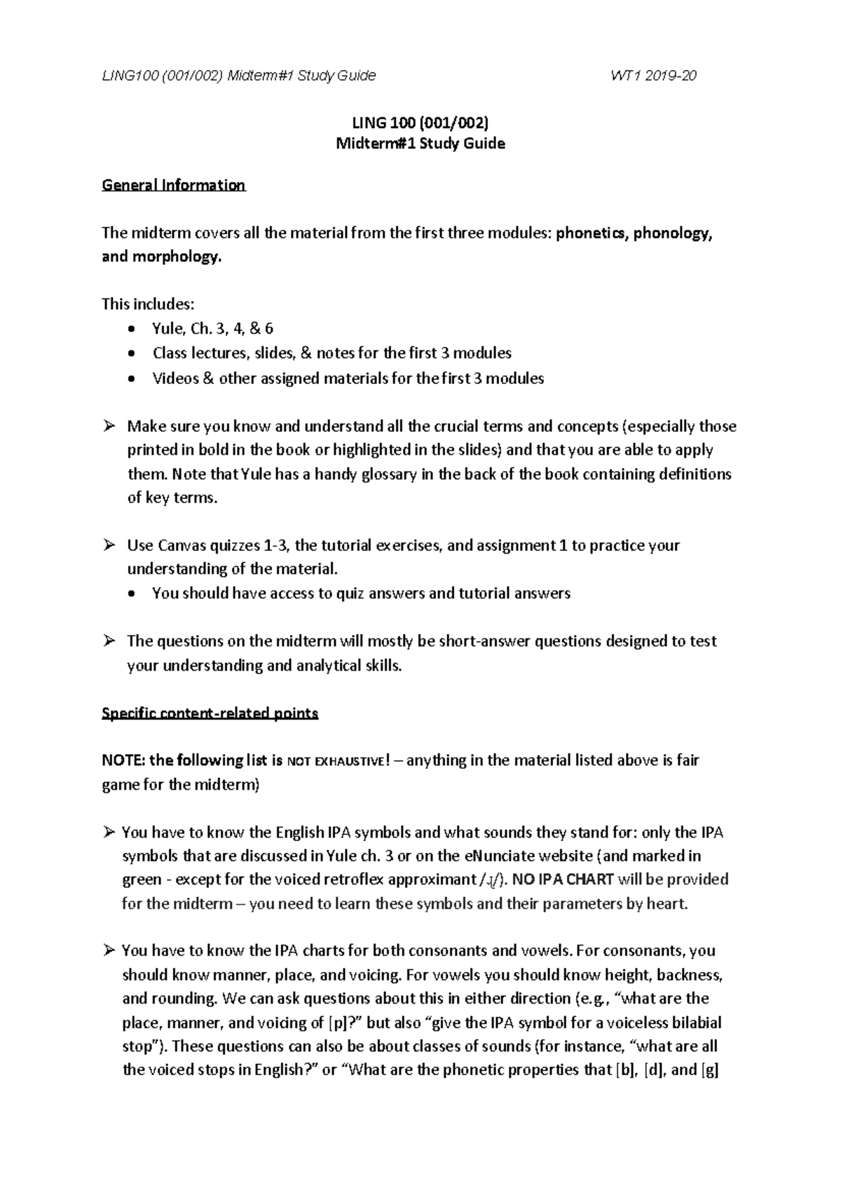 Midterm#1 Study Guide LING100 WT1-2019-20 - LING100 (001/002) Midterm#1 ...