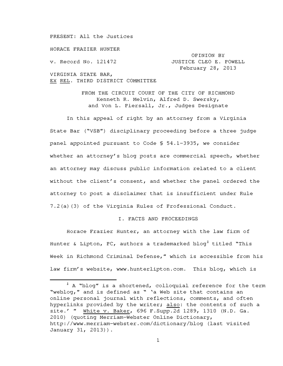Hunter v. Virginia State Bar PRESENT All the Justices HORACE FRAZIER