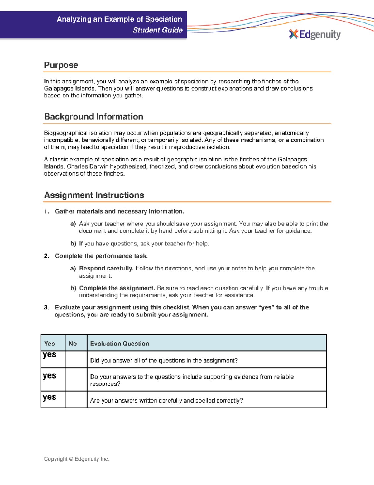 Performance Task - Analyzing an Example of Speciation - Student Guide ...