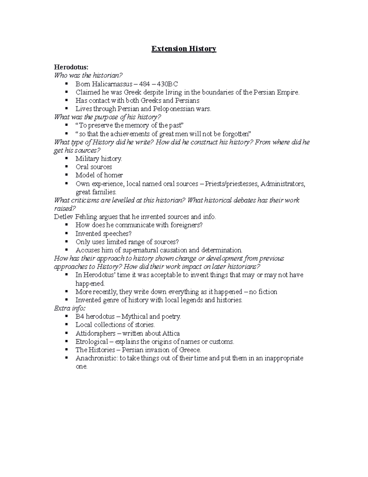 History Extension Notes Extension History Herodotus Who was the