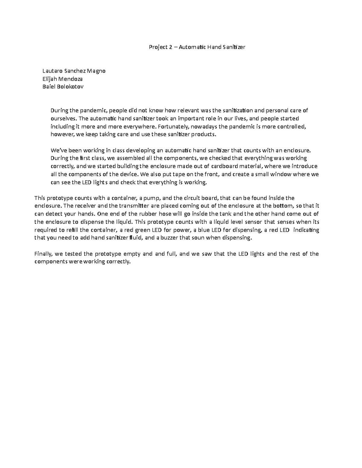 Project 2 Automatic Hand Sanitizer Project 2 Automatic Hand