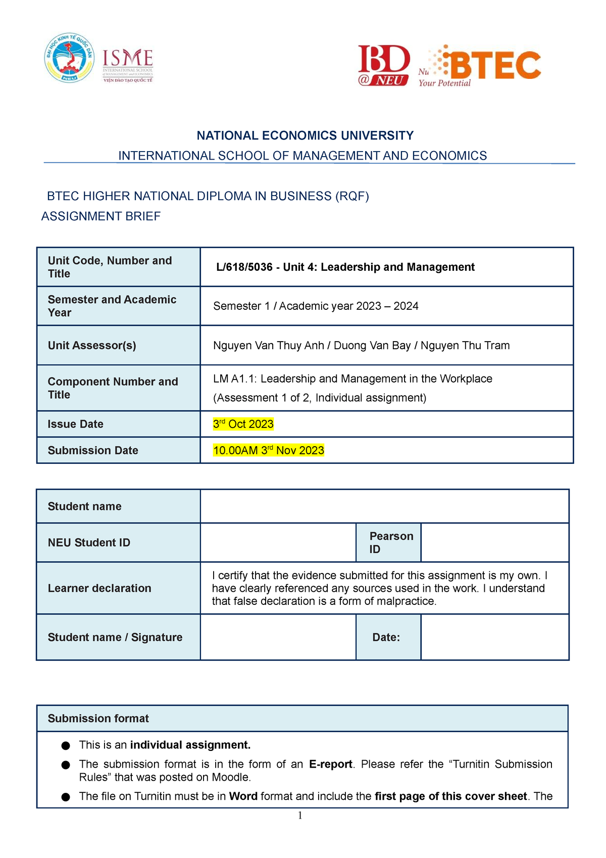 LM - A1 Assignment Brief - 2023 Fall - NATIONAL ECONOMICS UNIVERSITY ...