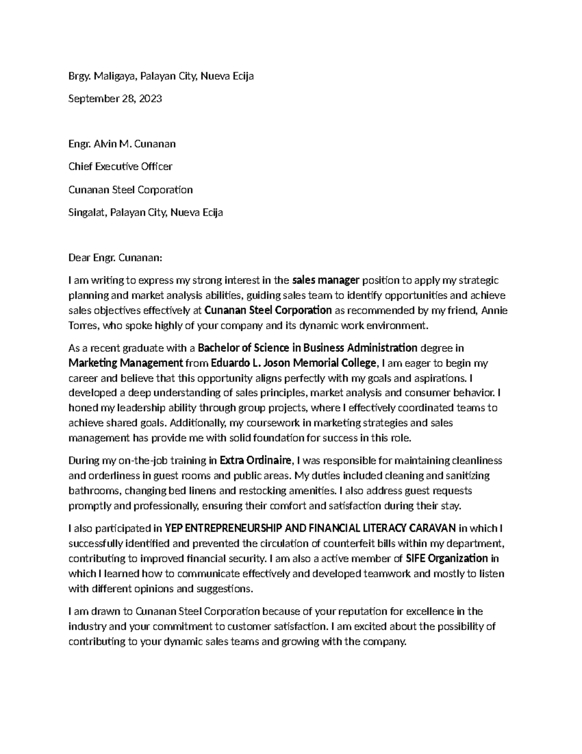 Business letter (vivian)2 - Brgy. Maligaya, Palayan City, Nueva Ecija ...