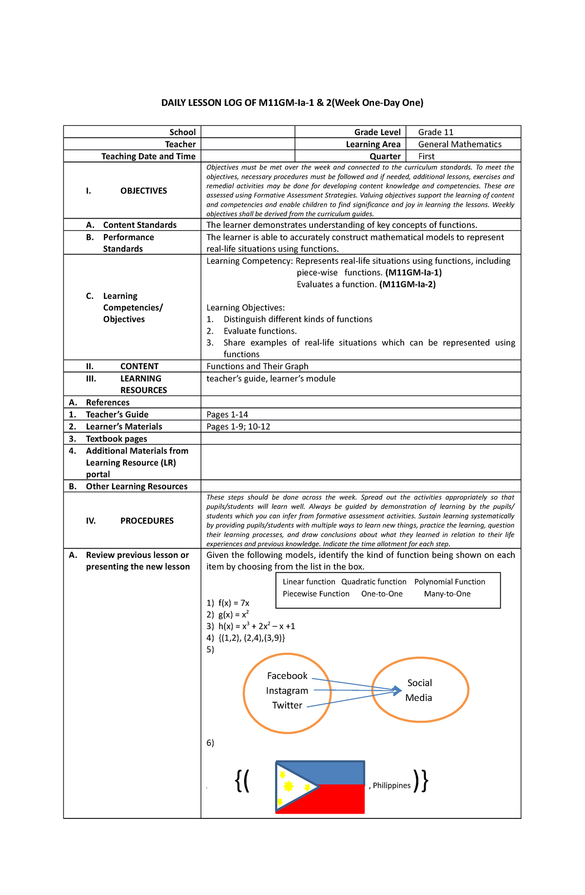 GM-I-1 - LESSON PLAN FOR MATHEMATICS - DAILY LESSON LOG OF M11GM-Ia-1 ...