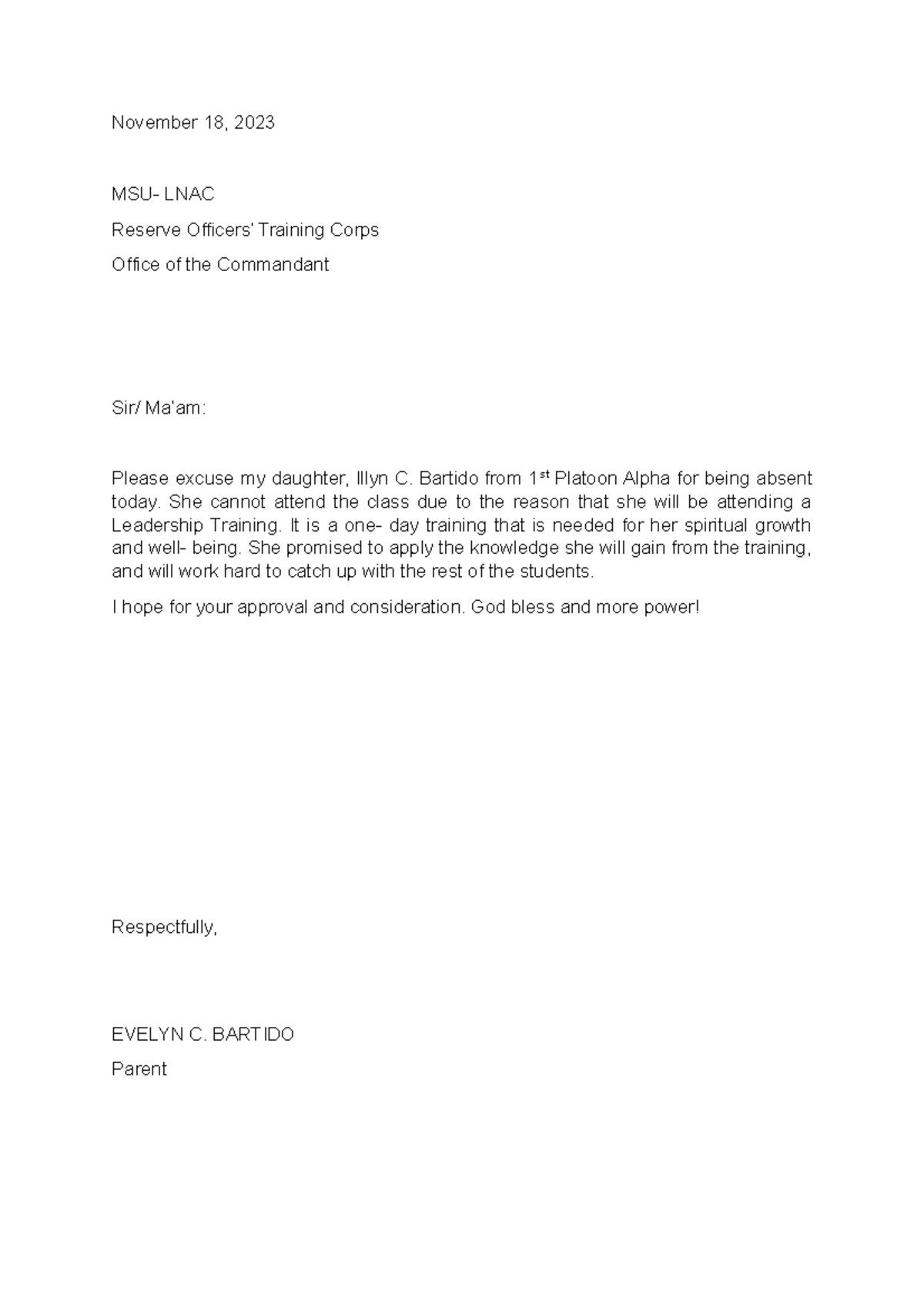 excuse Letter ROTC - November 18, 2023 MSU- LNAC Reserve Officers ...