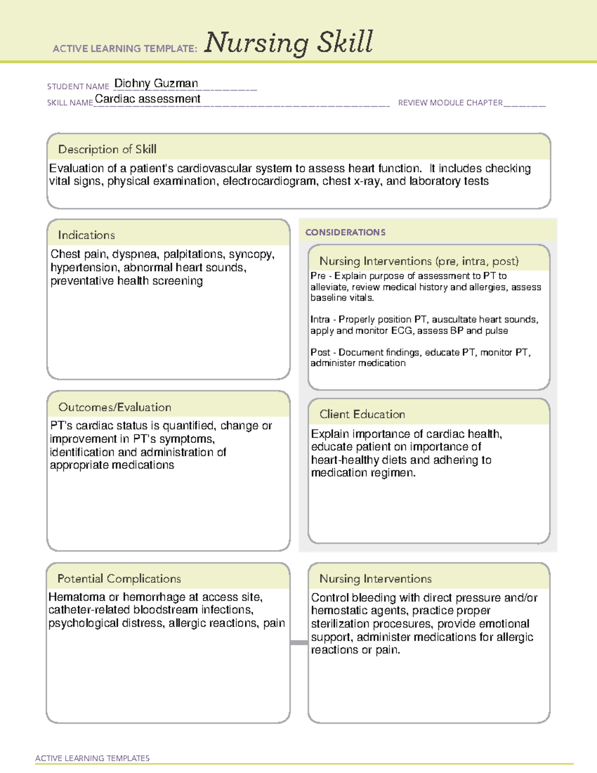 Nursing Skills - Cardiac Assessment - ACTIVE LEARNING TEMPLATES Nursing ...