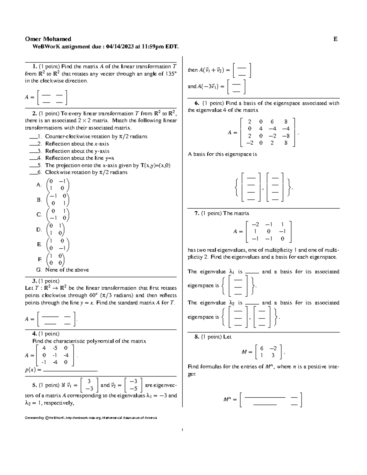 MATH 204 Winter 2023 Assignment 11 - Omer Mohamed E WeBWorK Assignment ...