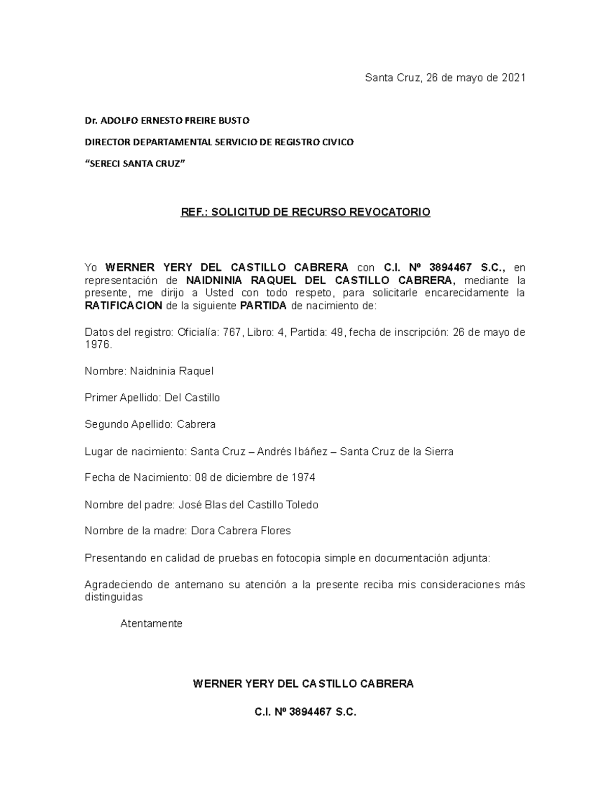 Carta Ratificacion - Santa Cruz, 26 De Mayo De 2021 Dr. ADOLFO ERNESTO ...