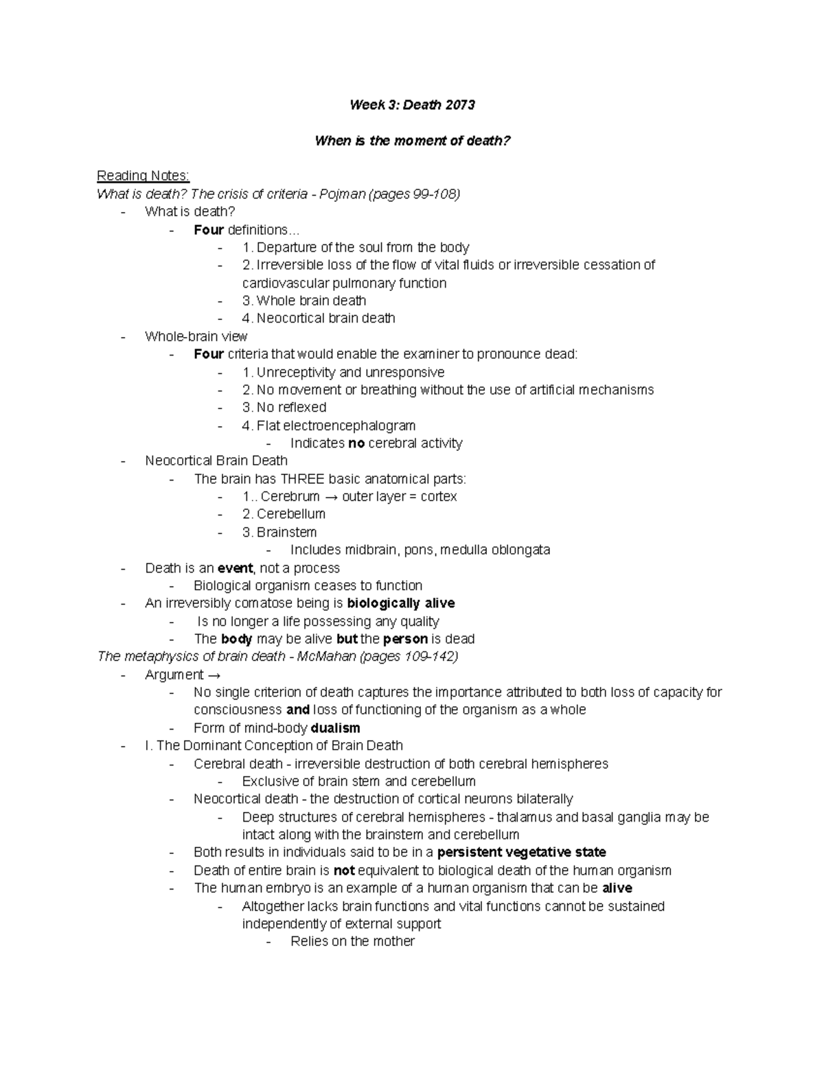 4 defintions of death - Lecture notes 4 - Week 3: Death 2073 When is ...