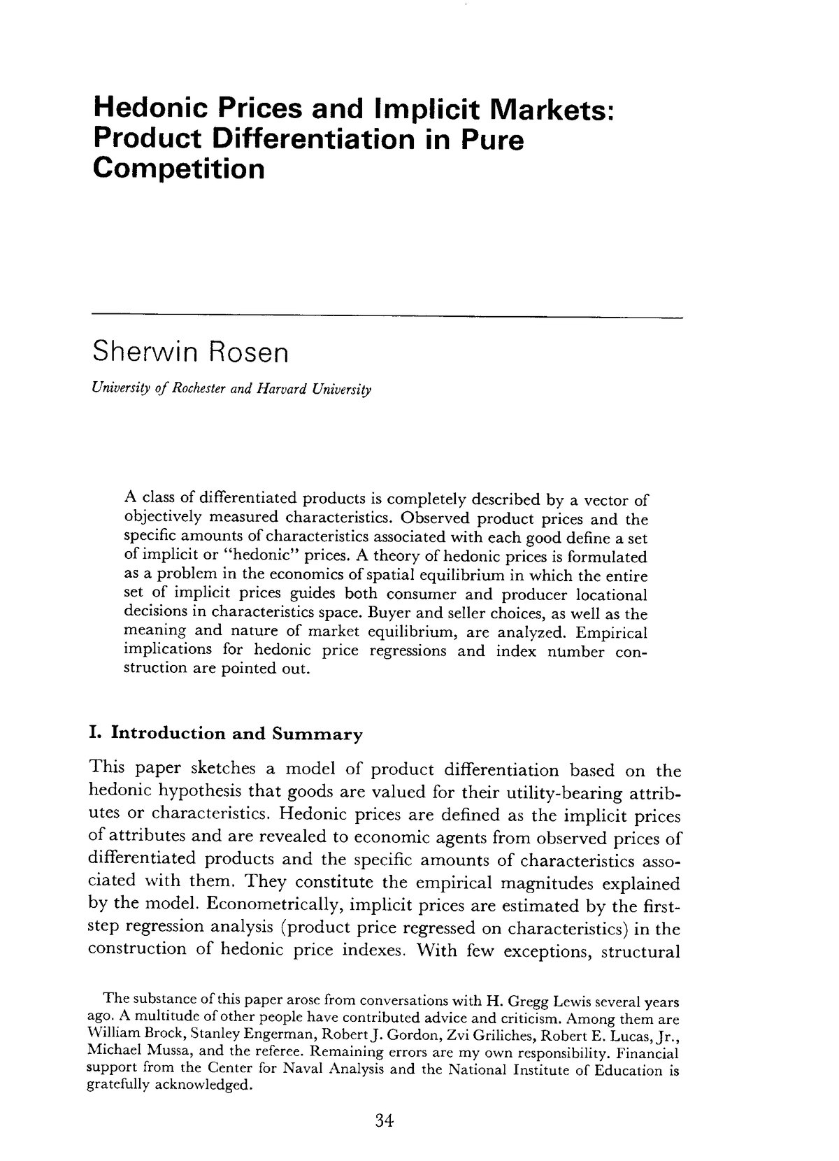 Hedonic Prices and Implicit Markets: Product Differentiation in Pure  Competition