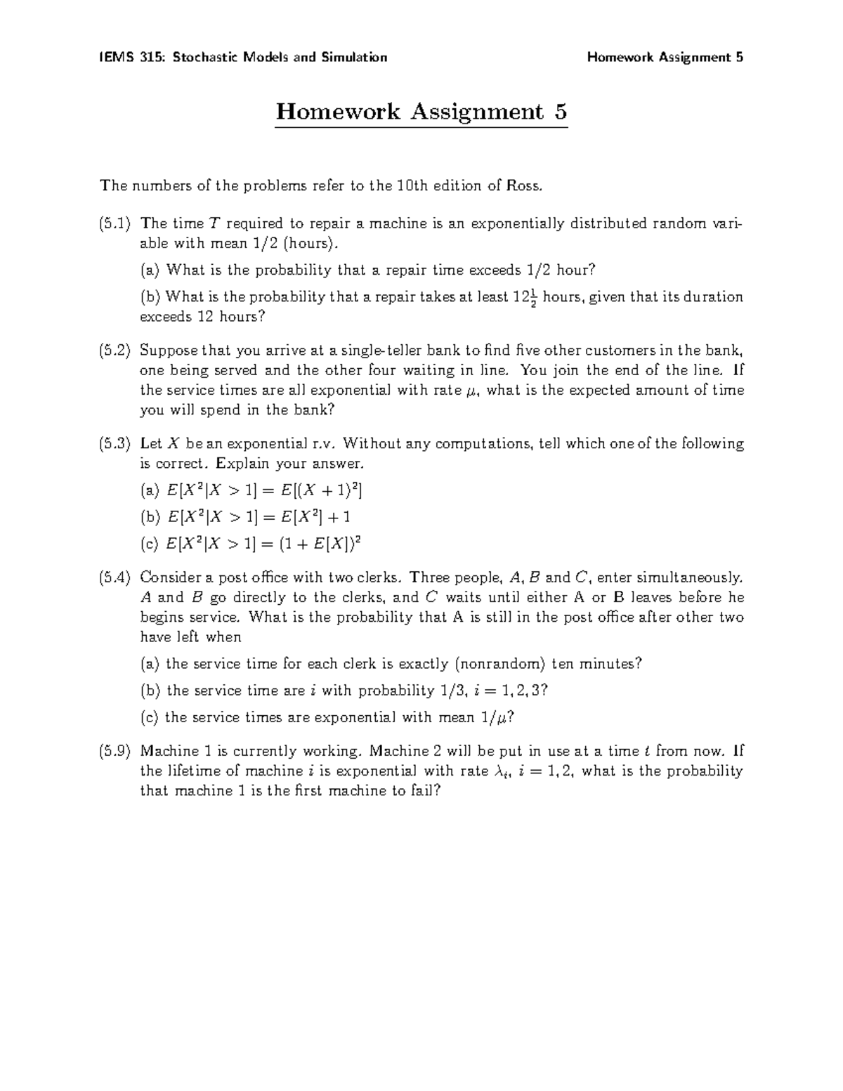 315-HW5 - fall 2015 homework 5 - Stochastic Models And Simulation ...