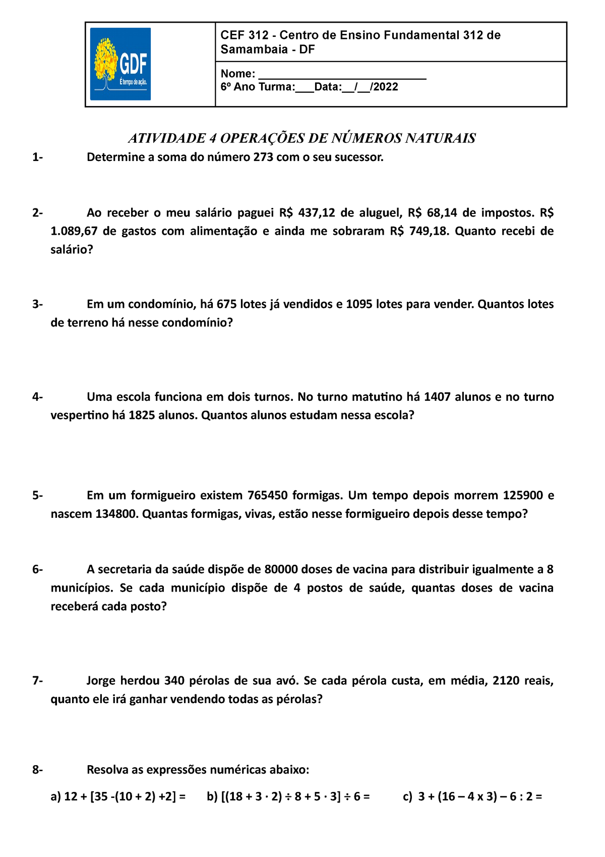 Atividade 4 Operações Adaptada - CEF 312 - Centro de Ensino Fundamental ...