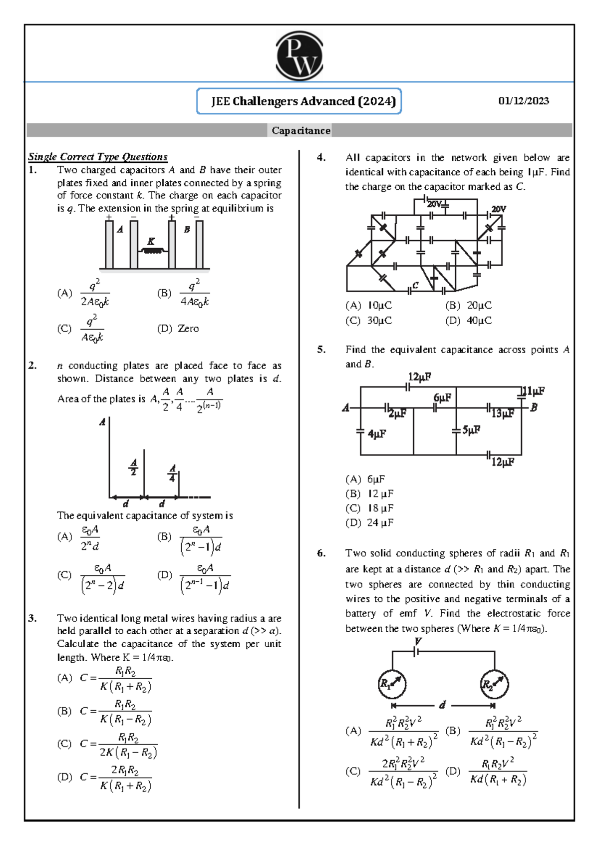 Capacitance : Practice Sheet JEE Challengers - Capacitance Single ...