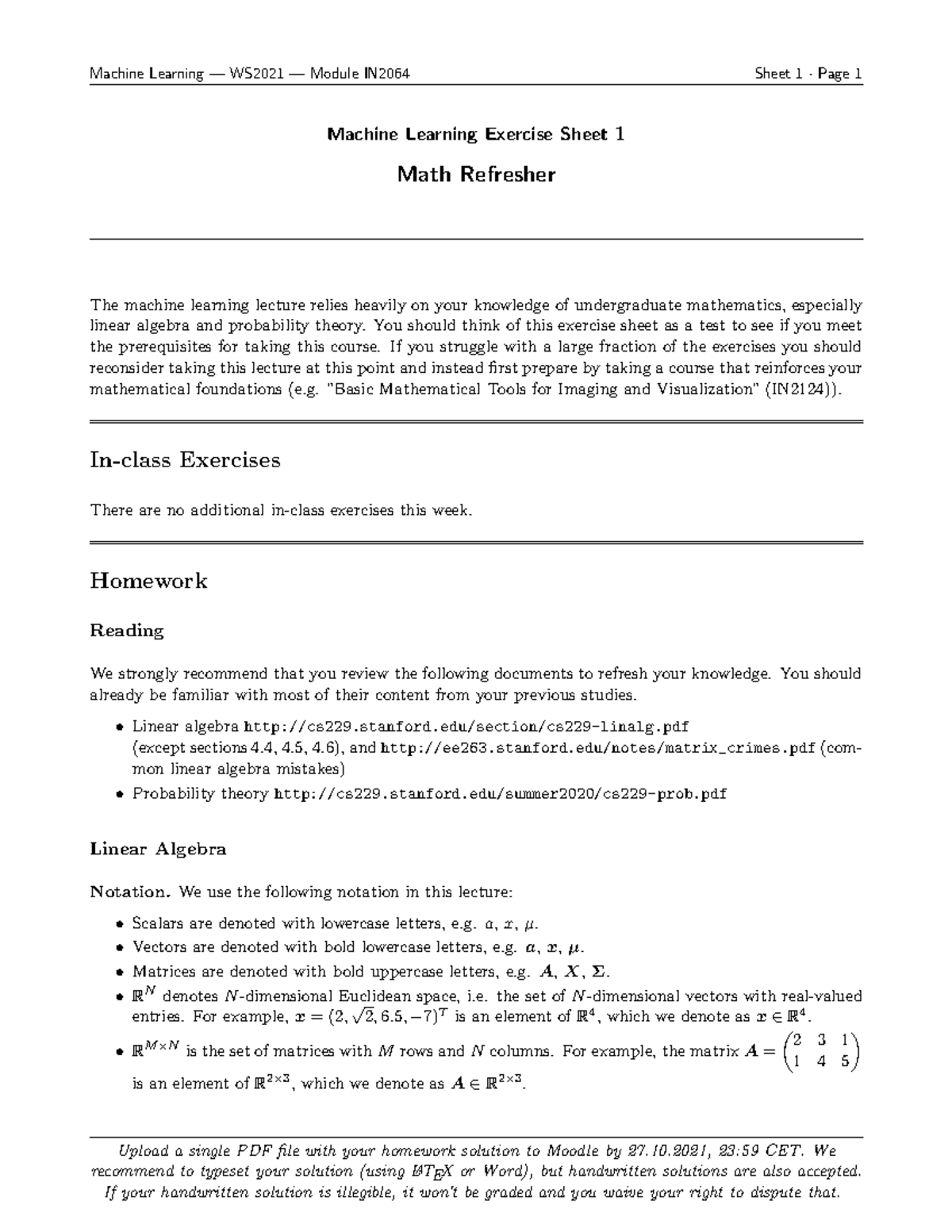 ex1 ml assignment math - Machine learning - TUM - Studocu