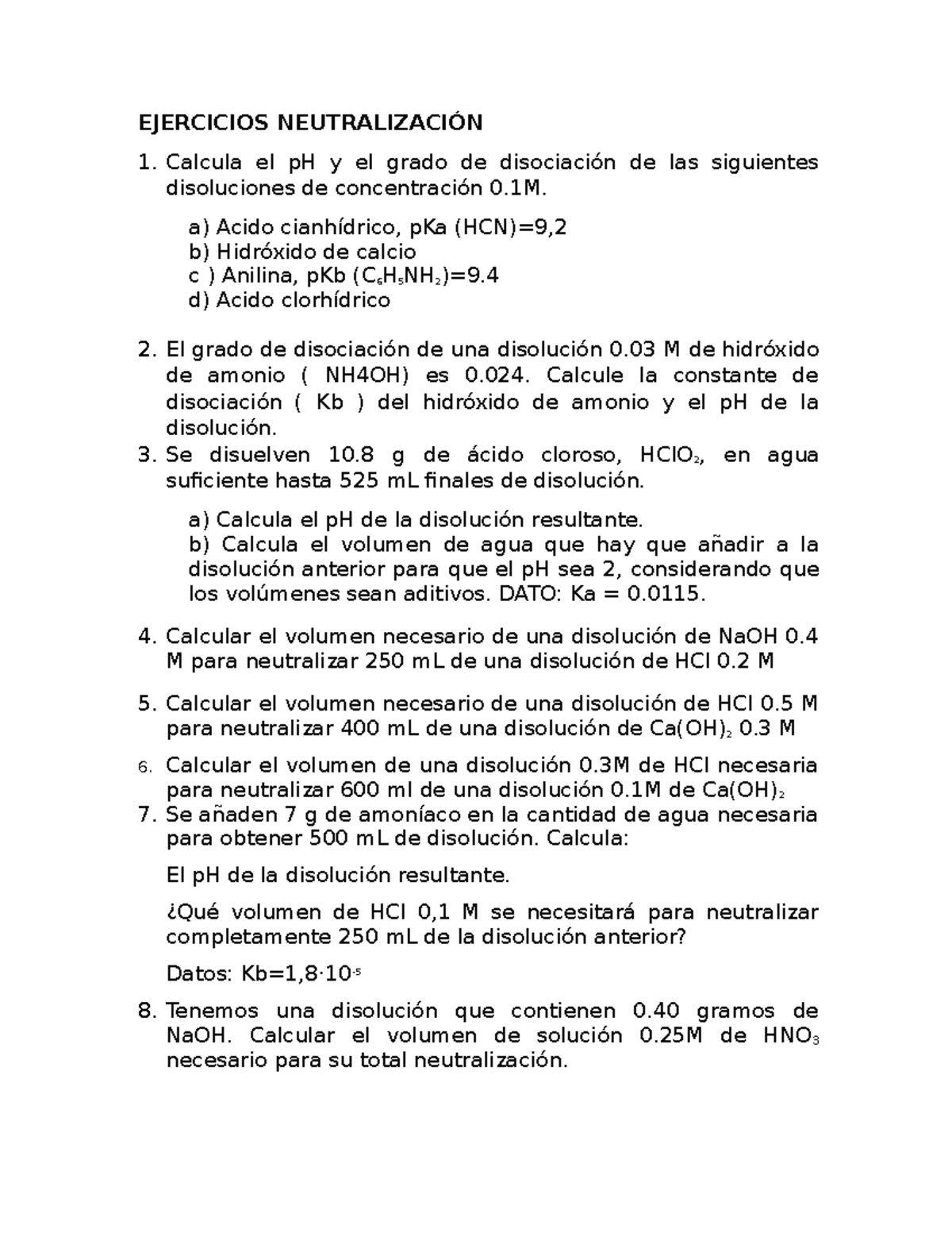 Ejercicios Neutralización Ejercicios NeutralizaciÓn Calcula El Ph Y