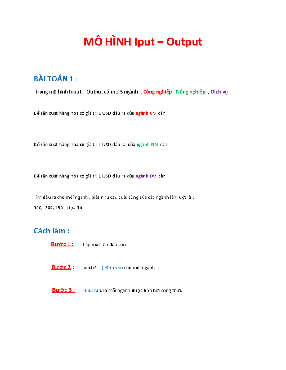MÔ HÌNH Iput - bài tập ôn - MÔ HÌNH Iput – Output BÀI TOÁN 1 : Trong mô ...