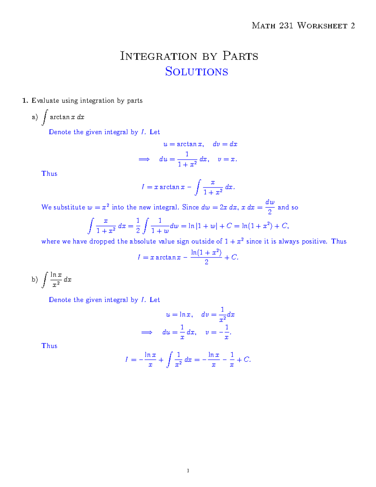 MATH231 WS2-7.1- Solution - Math 231 Worksheet 2 Integration by Parts ...