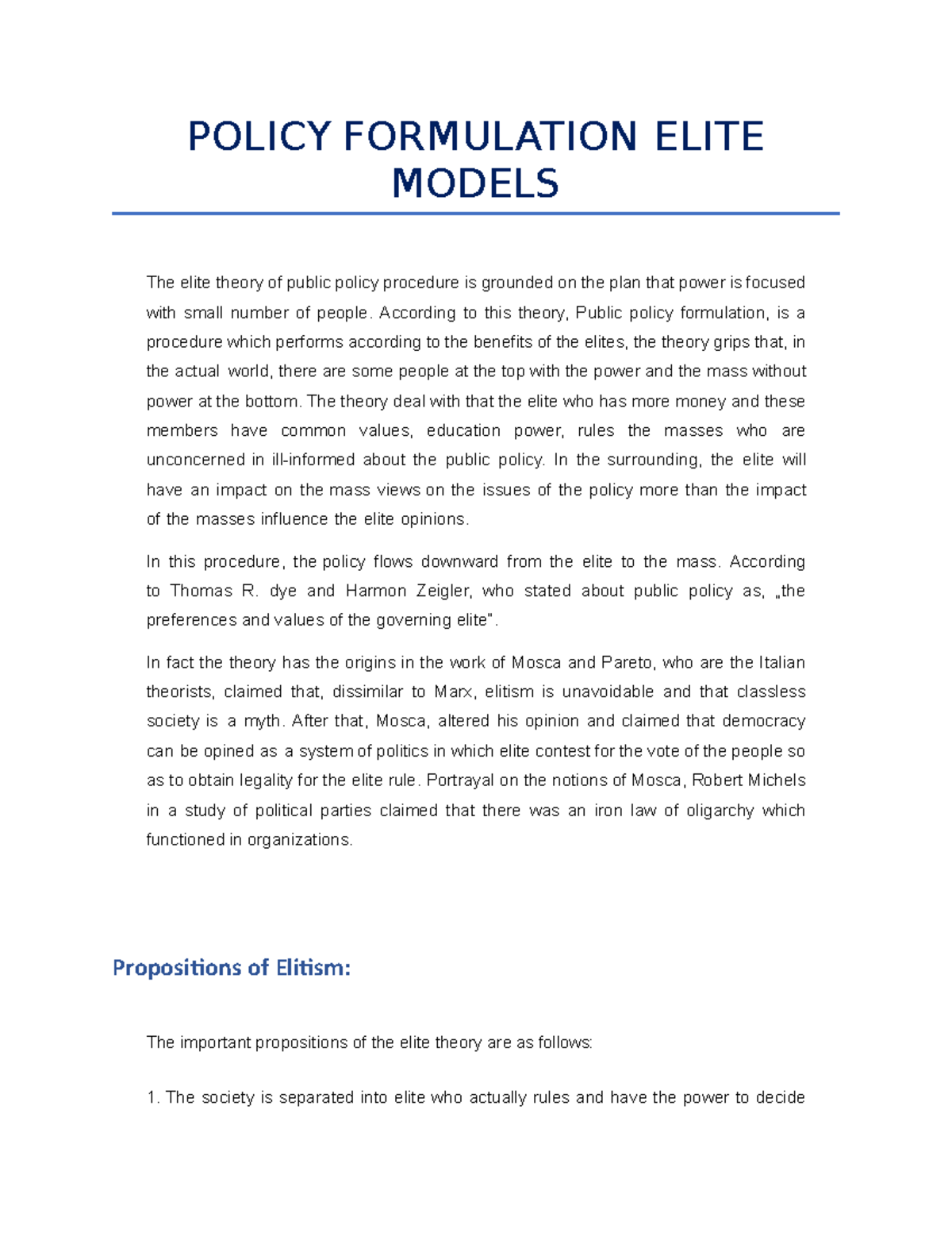 P Olicy Formulation Elite Models - POLICY FORMULATION ELITE MODELS The ...