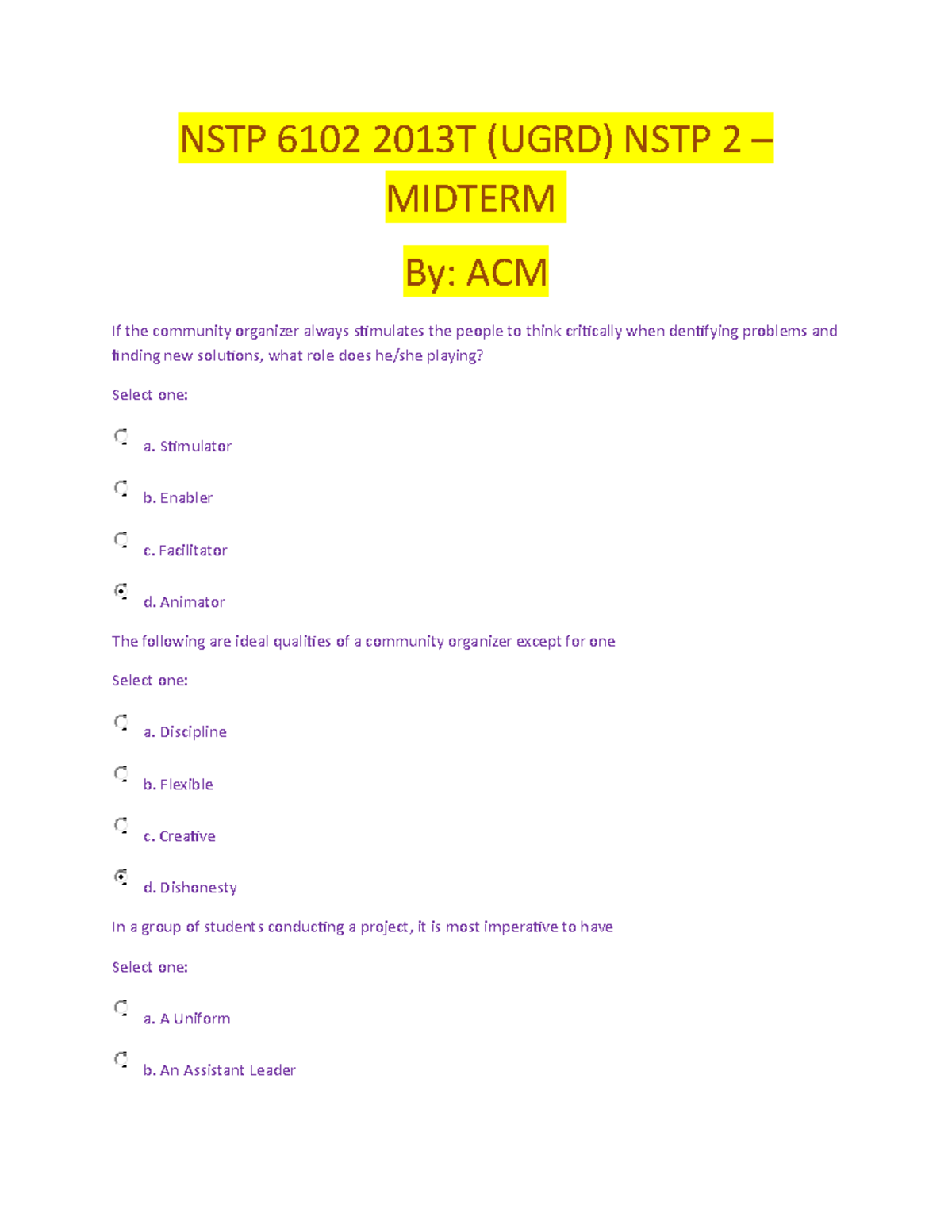 NSPT-II- Midterm Examination - NSTP 6102 2013T (UGRD) NSTP 2 – MIDTERM ...