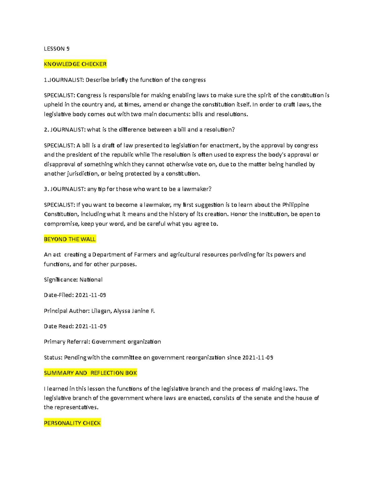 Lesson 9 PPG politics LESSON 9 KNOWLEDGE CHECKER 1 Describe