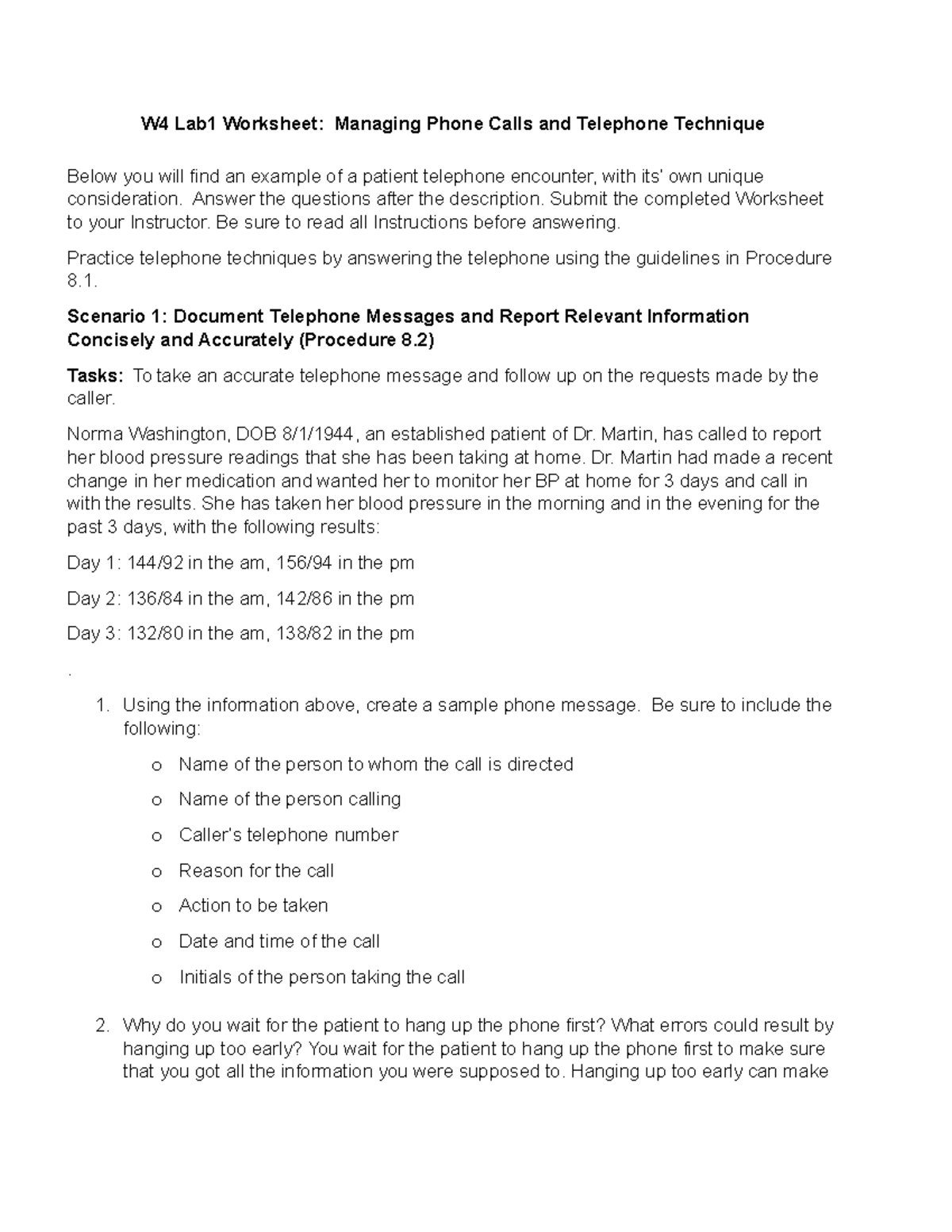 MOA110 W4 Lab - W4 Lab1 Worksheet: Managing Phone Calls And Telephone ...