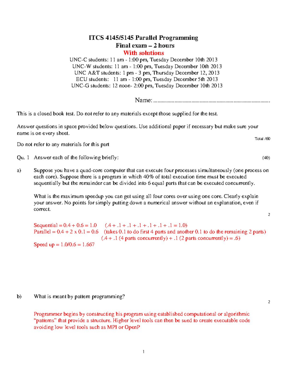 Final F 13Sol - Example Quiz Of Parallel Computing - ITCS 4145/5145 ...