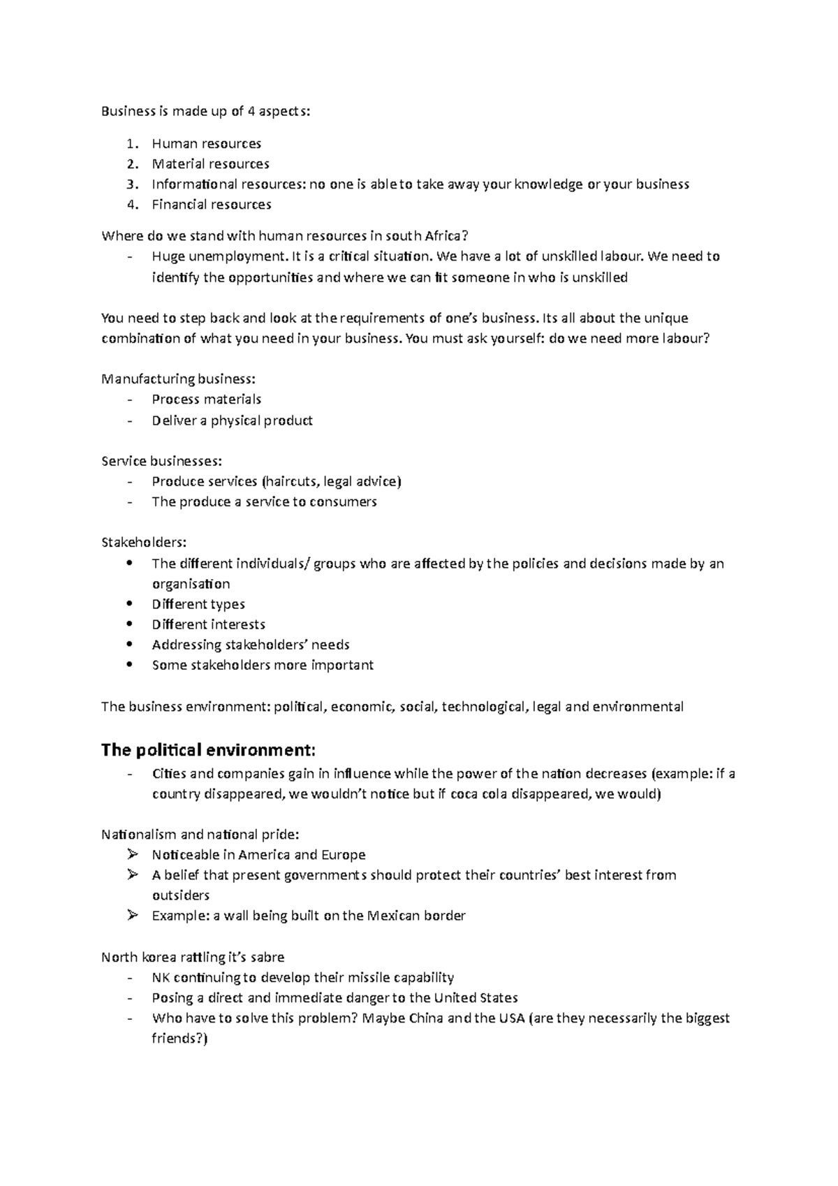 Business management Chapter 1 Summary Notes - Business is made up of 4 ...