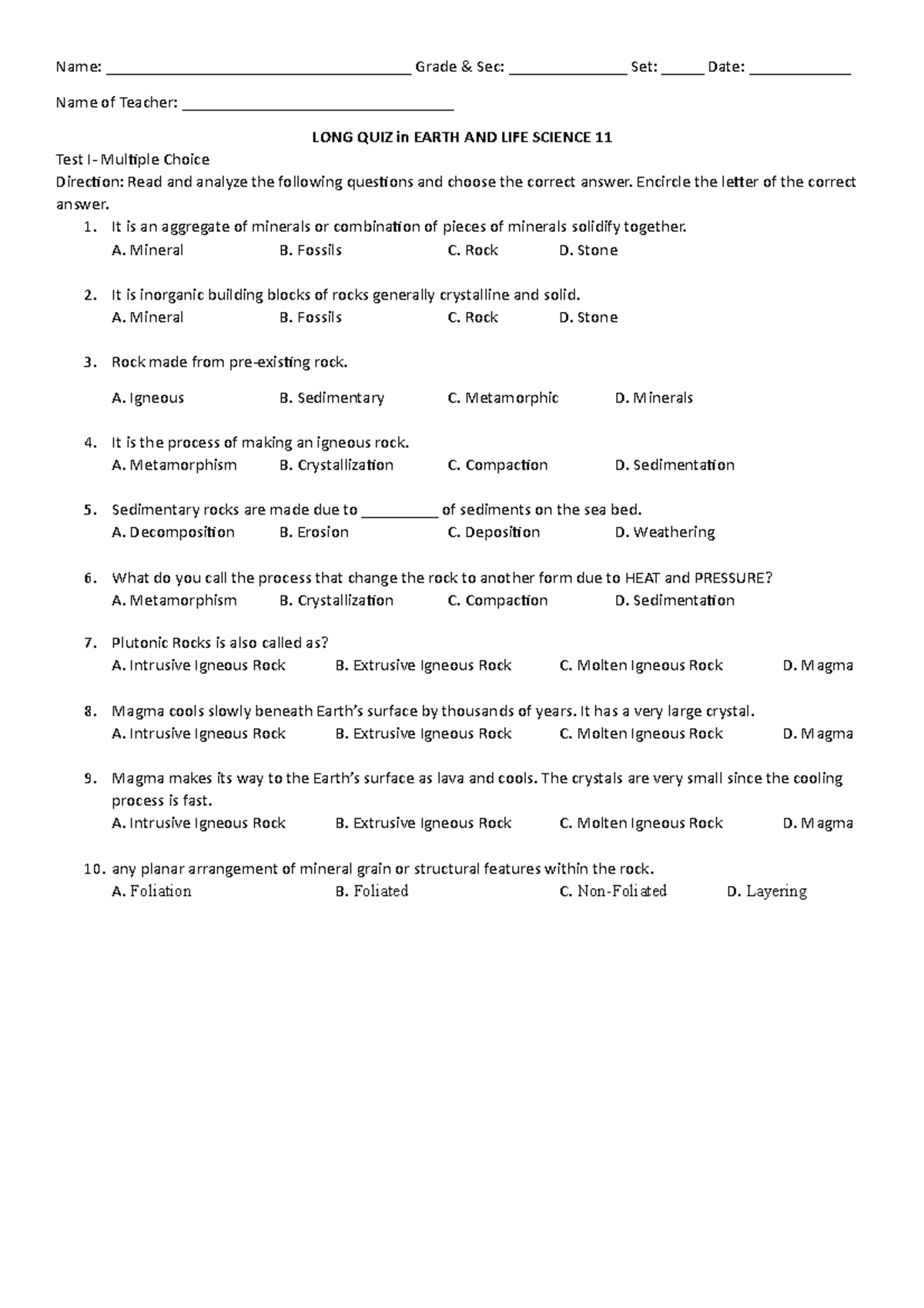 Summative TEST Q1 - Name: ____________________________________ Grade ...