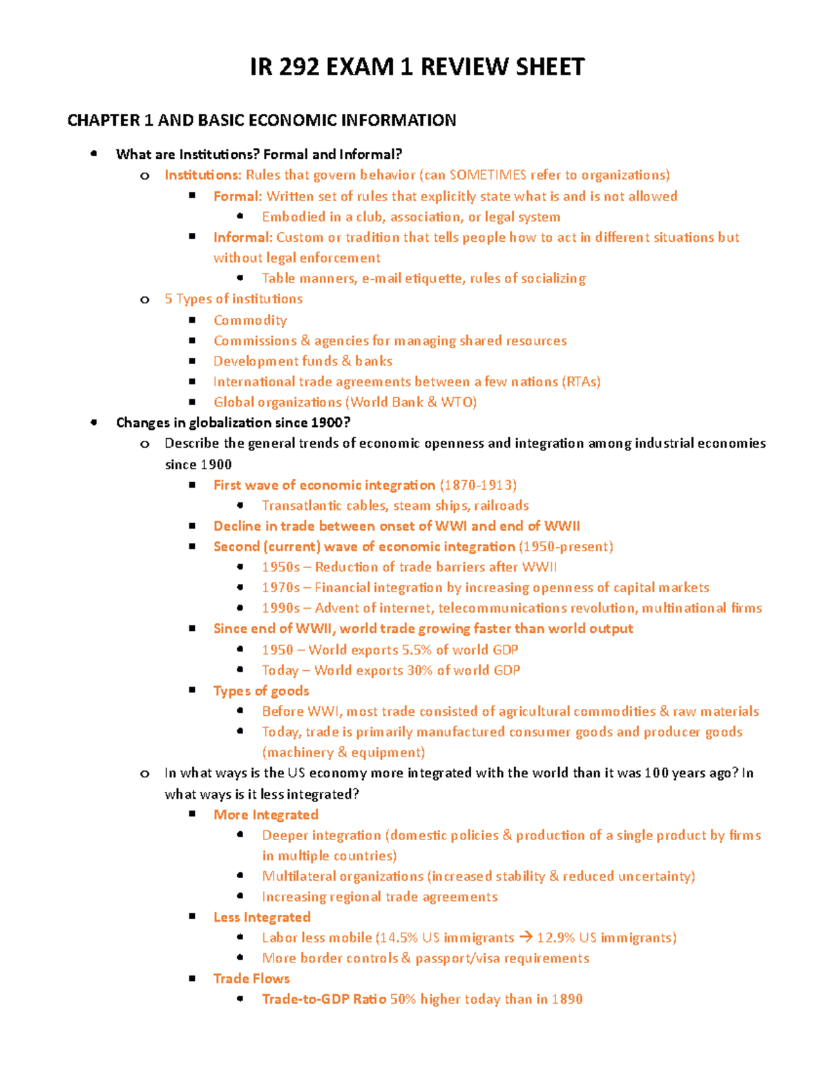 Exam 1 Study Guide - IR 292 EXAM 1 REVIEW SHEET CHAPTER 1 AND BASIC ...