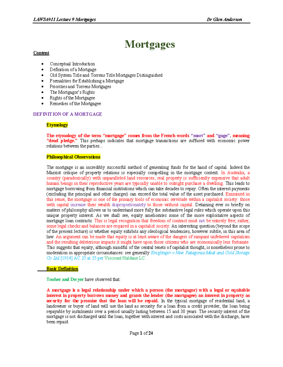 Property Lecture 9 Mortgage Mortgages Content Conceptual