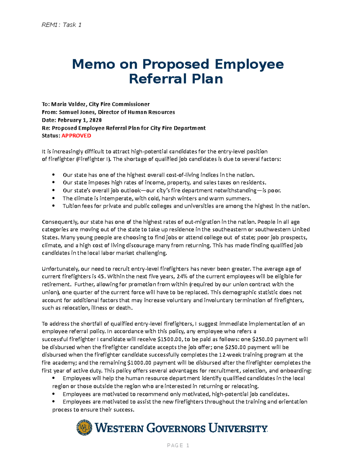 Memo on Proposed Employee Referral Plan - C234 - WGU - Studocu