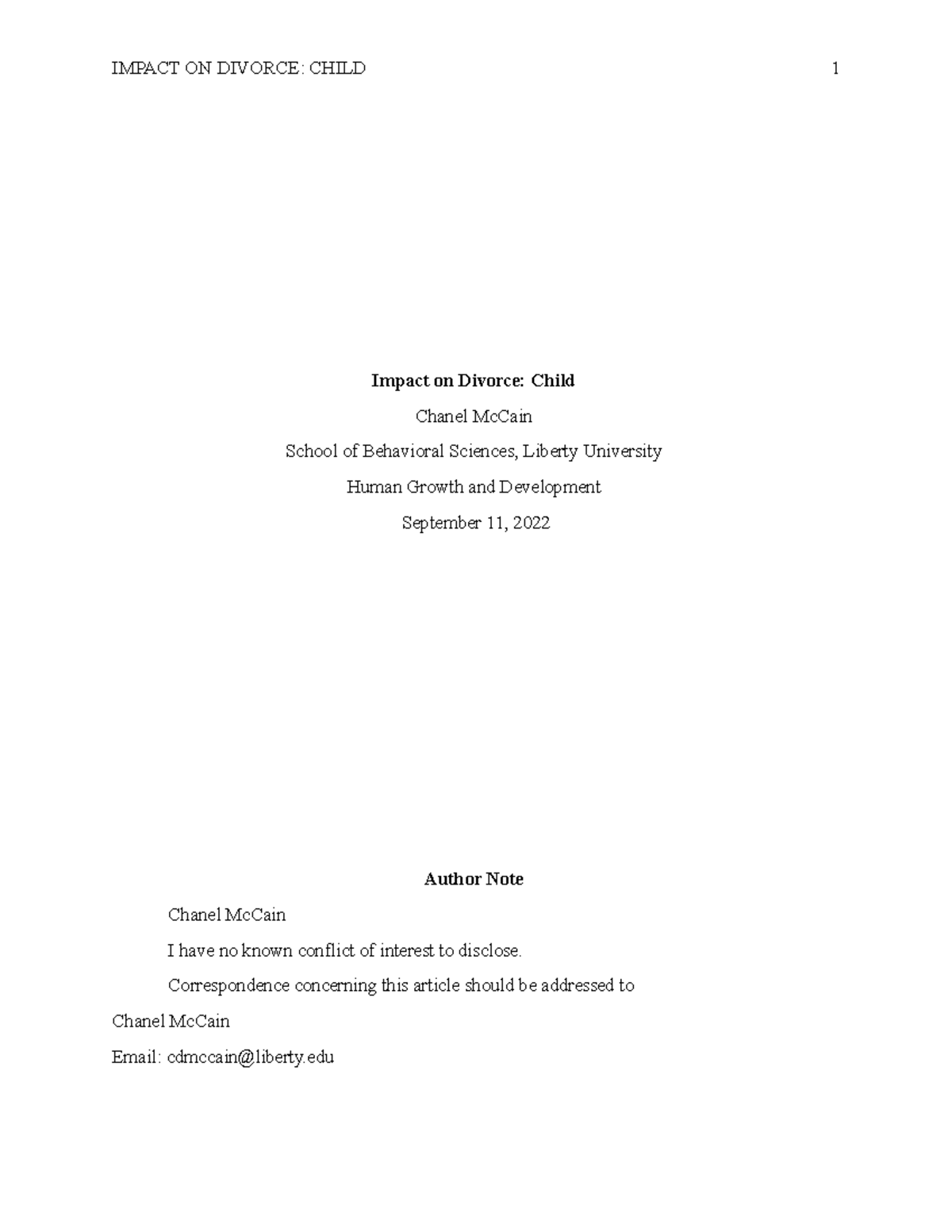 Impact paper Impact on Divorce Child Chanel McCain School of