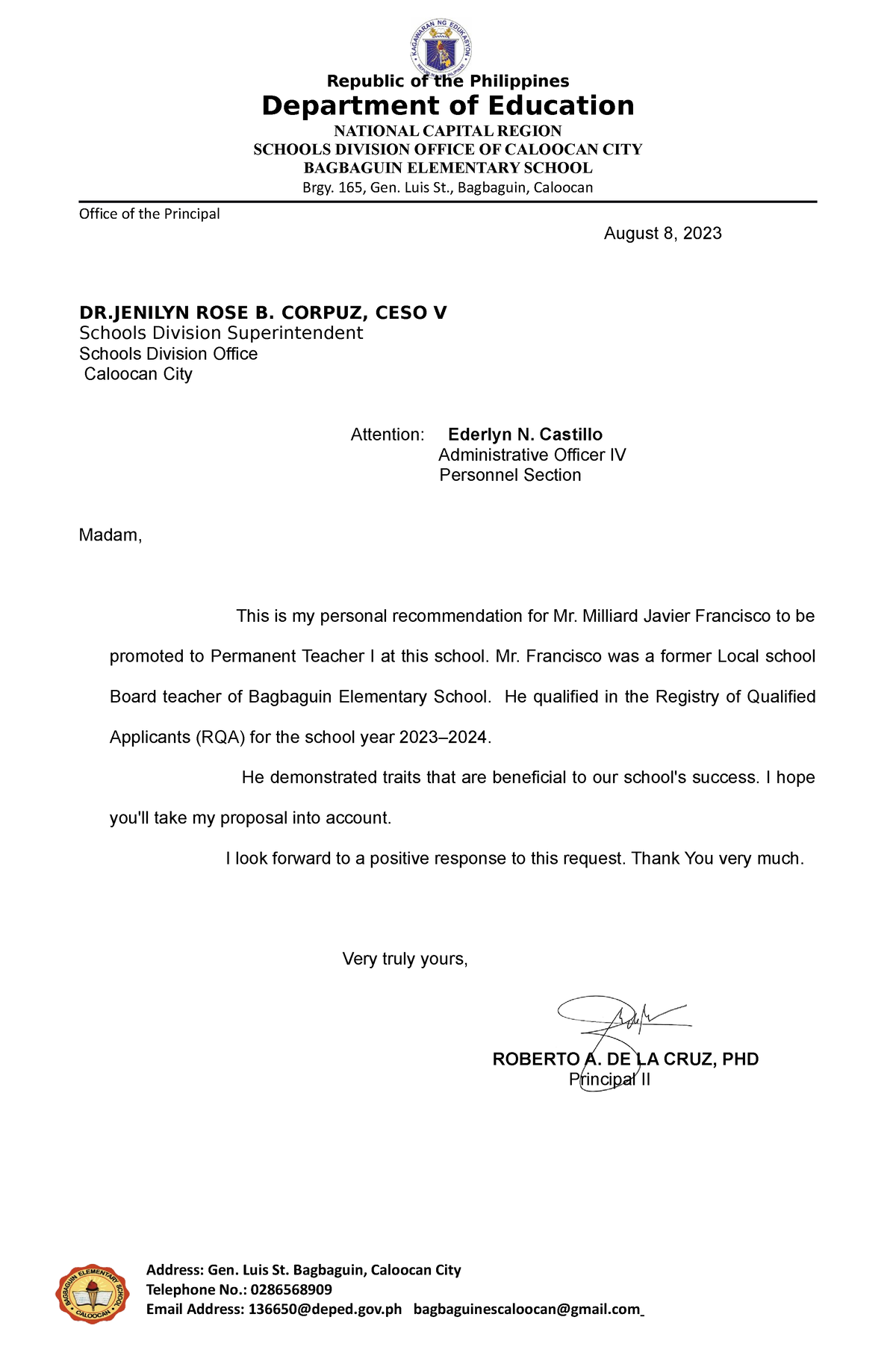 Recommendation Letter Republic Of The Philippines Department Of Education Schools Division