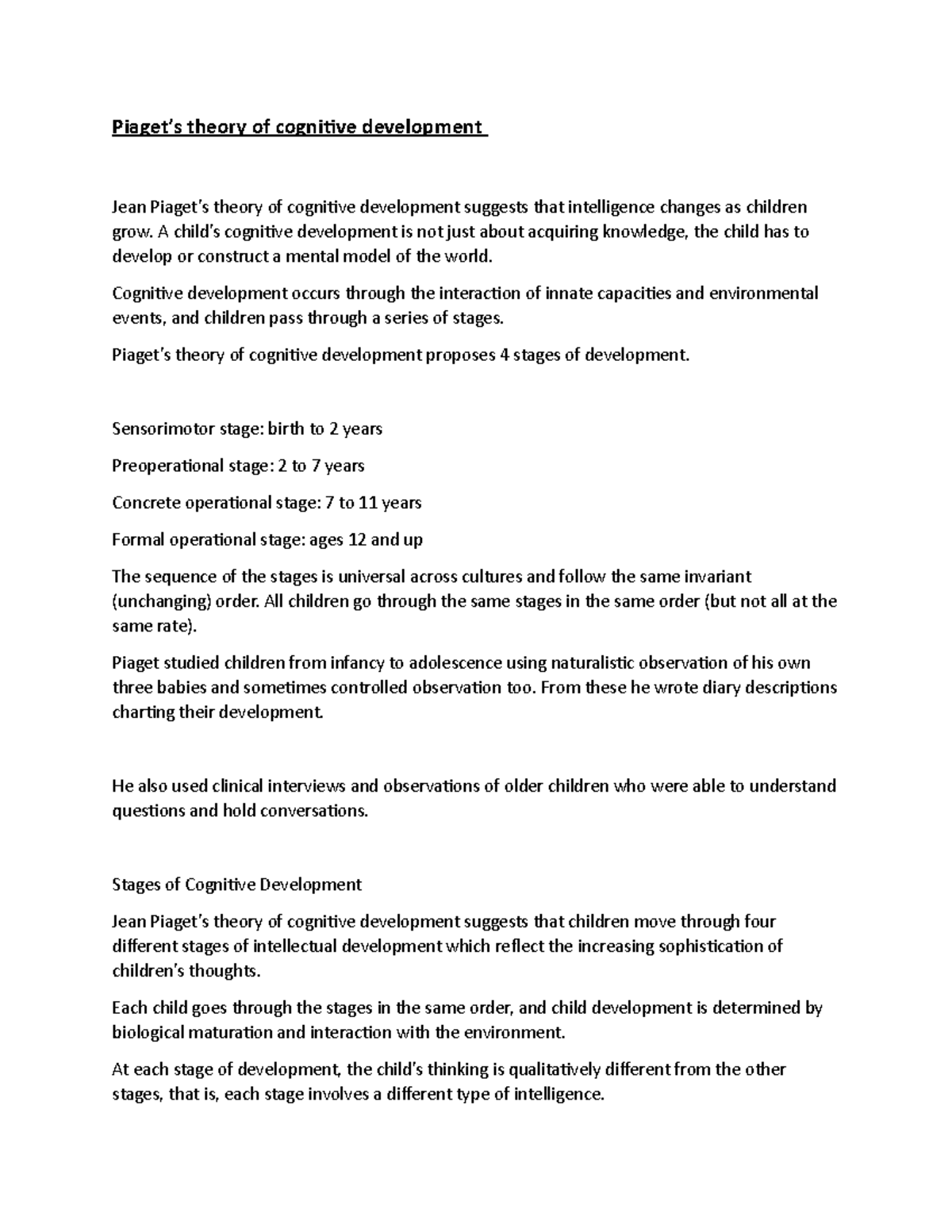 Piagets Theory - Piaget’s theory of cognitive development Jean Piaget’s ...