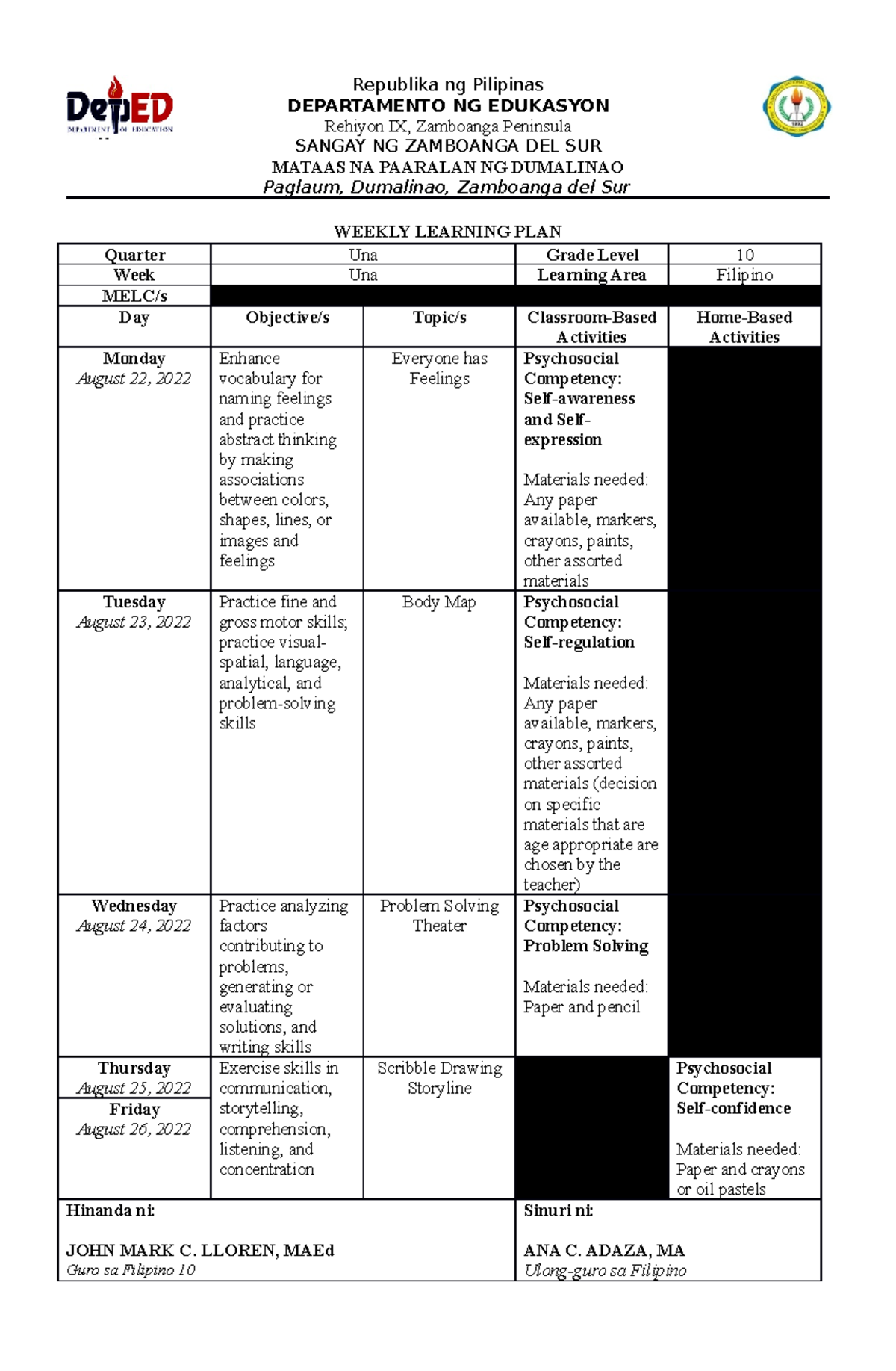 Lloren-John-Mark-C.-I-Weekly-Learning-Plan - DEPARTAMENTO NG EDUKASYON ...