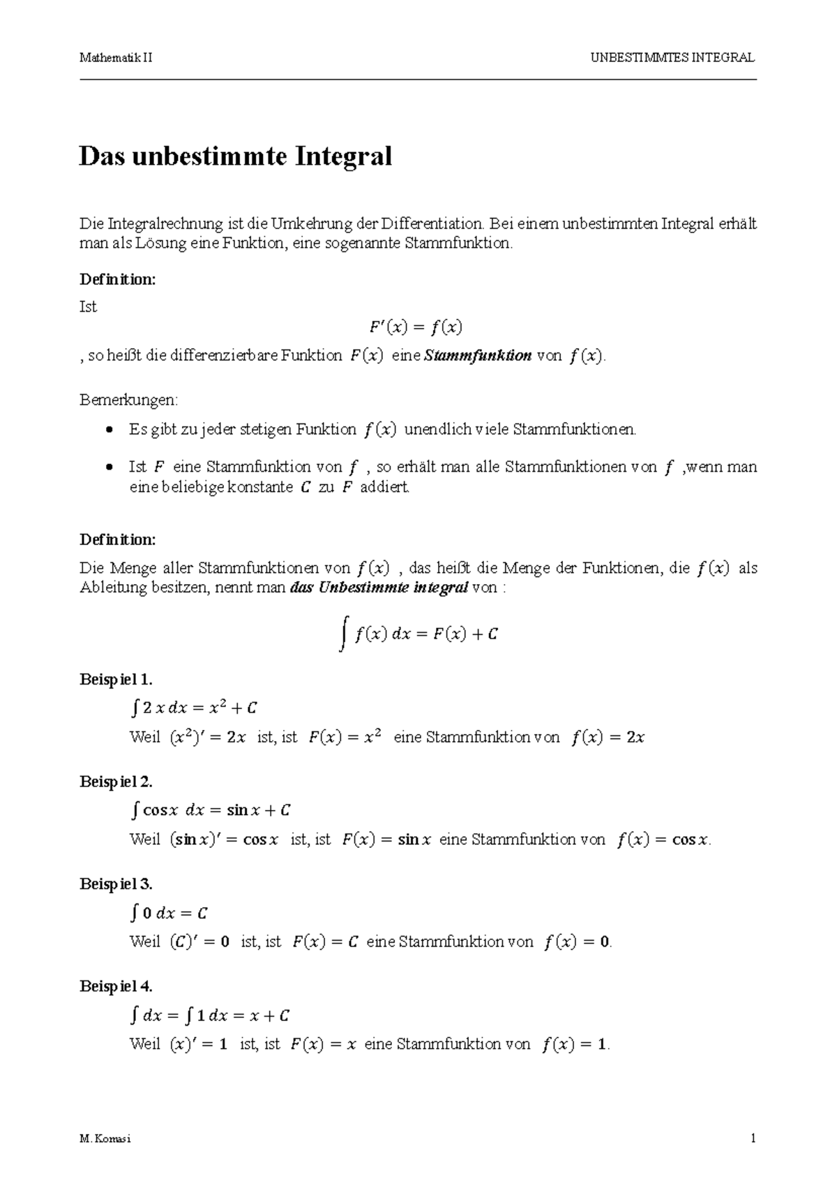 HTW SS 20 Mathematik II 05 Unbestimmtes Integral - Mathematik II ...