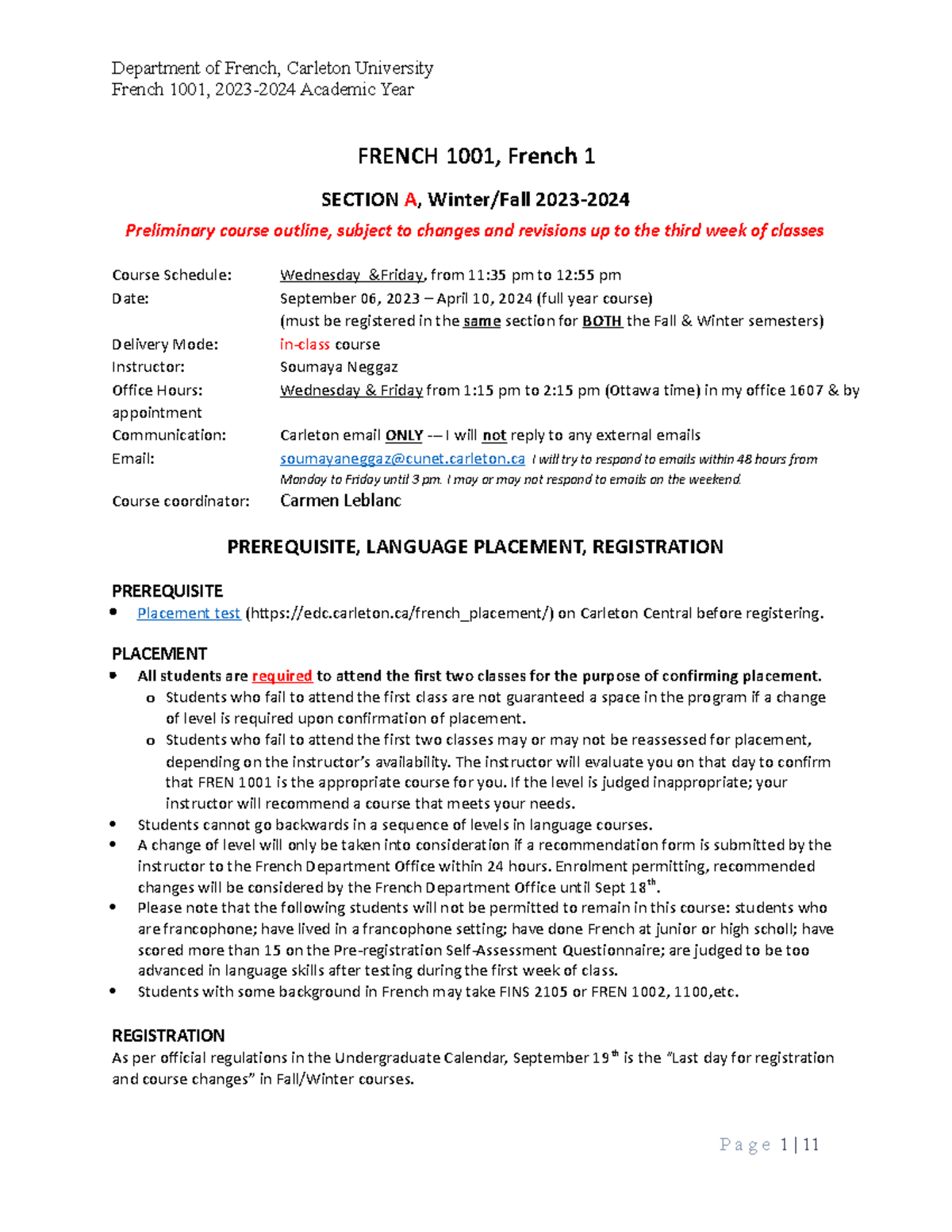 Syllabus FREN1001A (F2023W2024) French 1001, 20232024 Academic Year