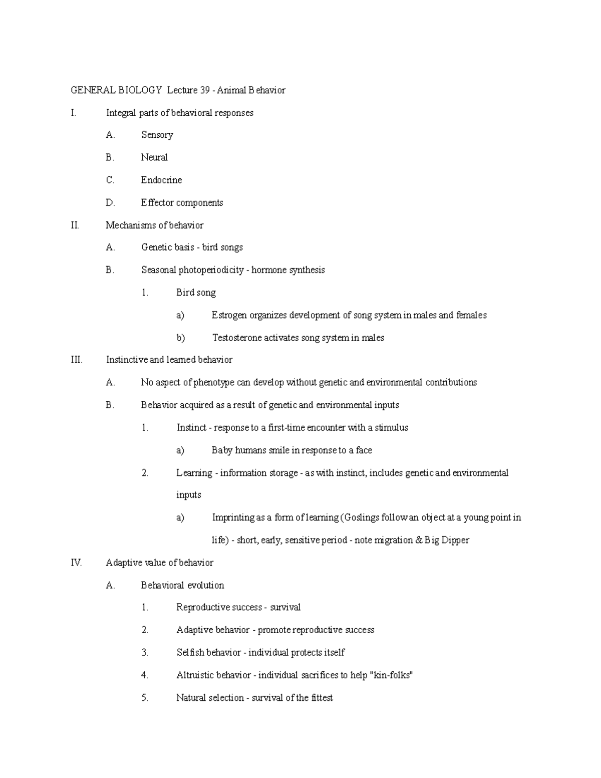 Lecture Notes Biology 39-Behavior - GENERAL BIOLOGY Lecture 39 - Animal ...