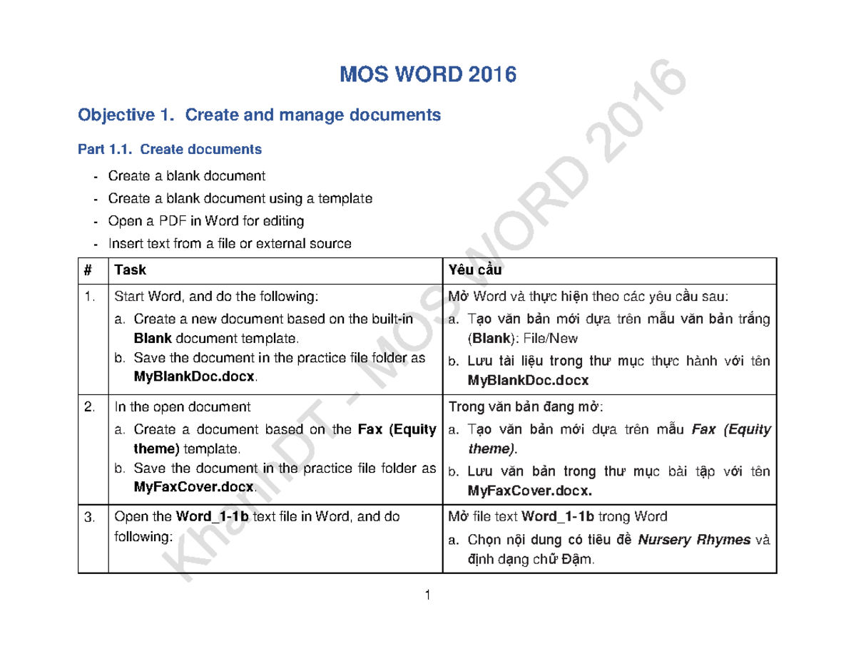 Word2016 Full Bài tập - MOS WORD 2016 Objective 1. Create and manage ...