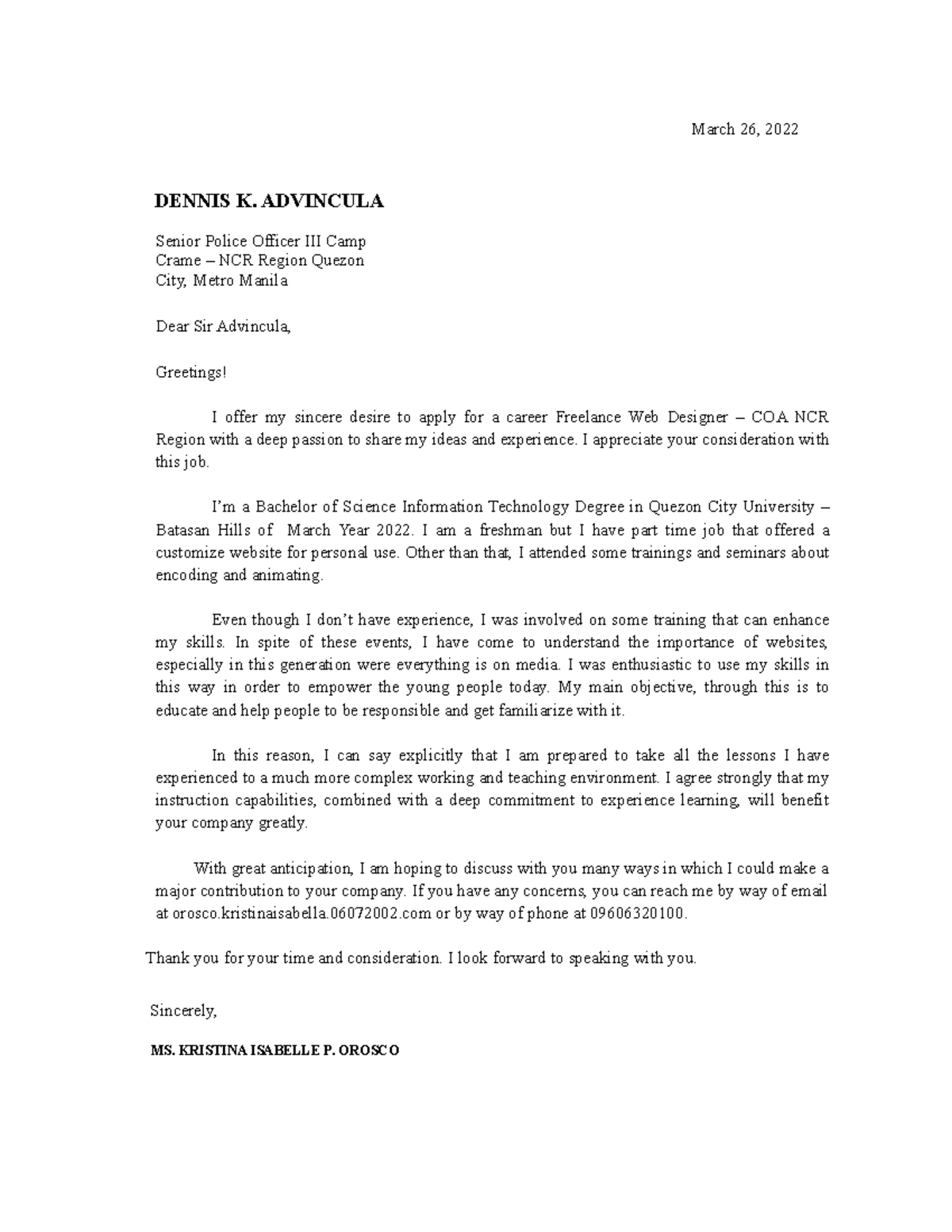 Ameer Viktur R. Castillo - Cover Letter - March 26, 2022 DENNIS K ...