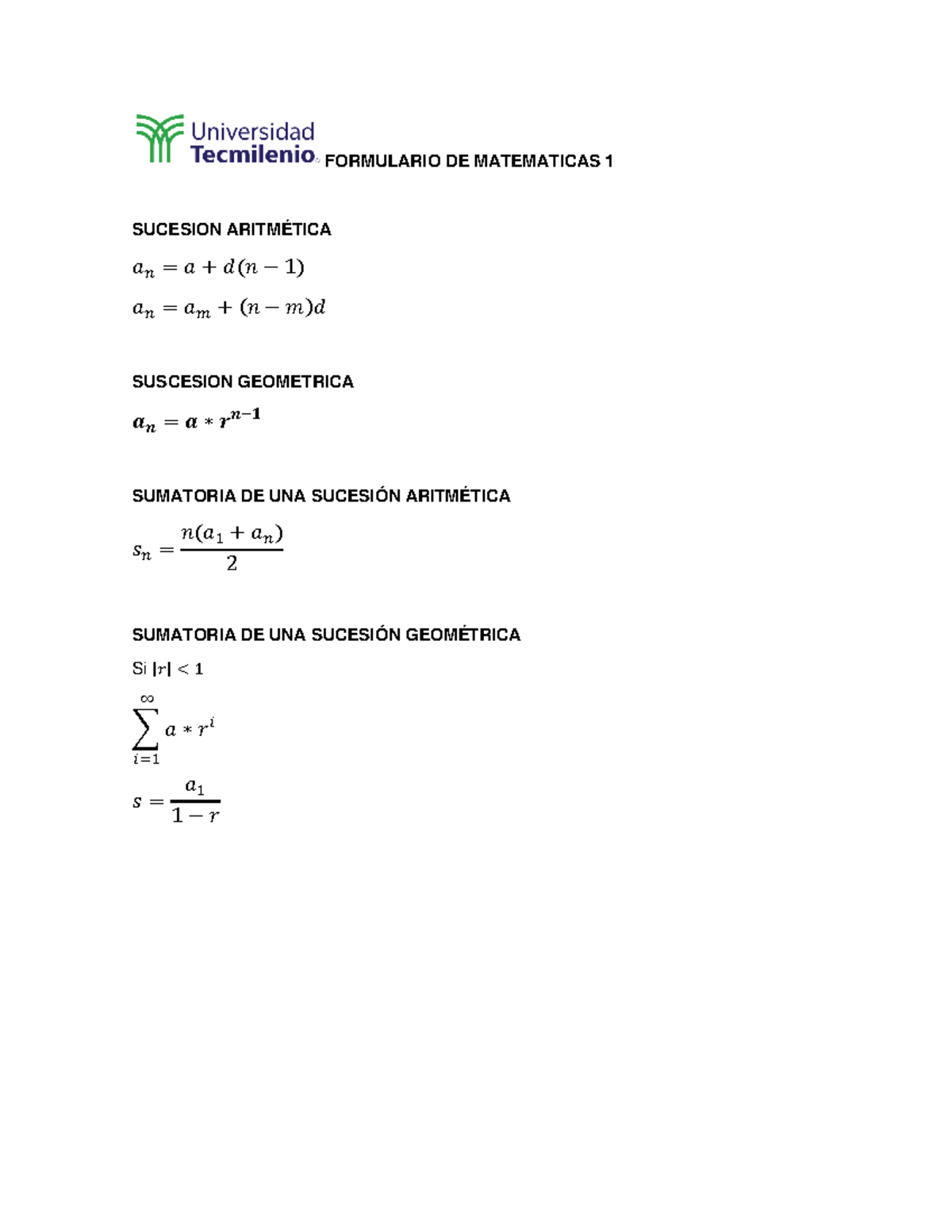 Formulario mate 1 final - FORMULARIO DE MATEMATICAS 1 SUCESION ...