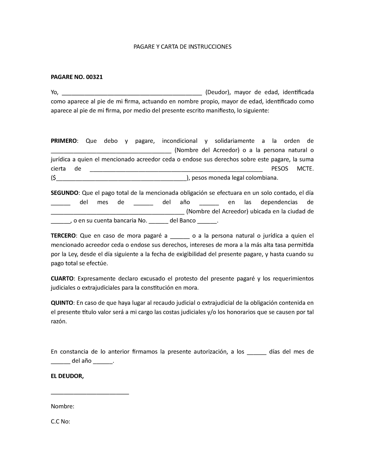 Modelo Pagare Y Carta DE Instrucciones - PAGARE Y CARTA DE INSTRUCCIONES  PAGARE NO. 00321 Yo, - Studocu