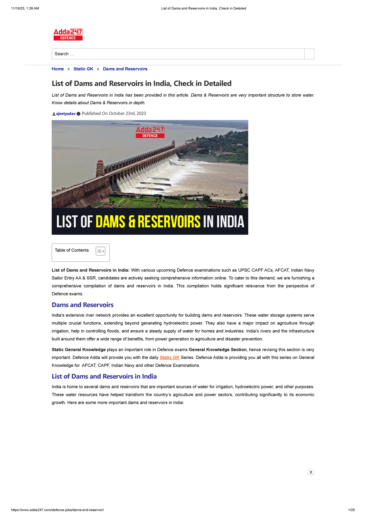 List of Dams and Reservoirs in India, Check in Detailed Home » Static