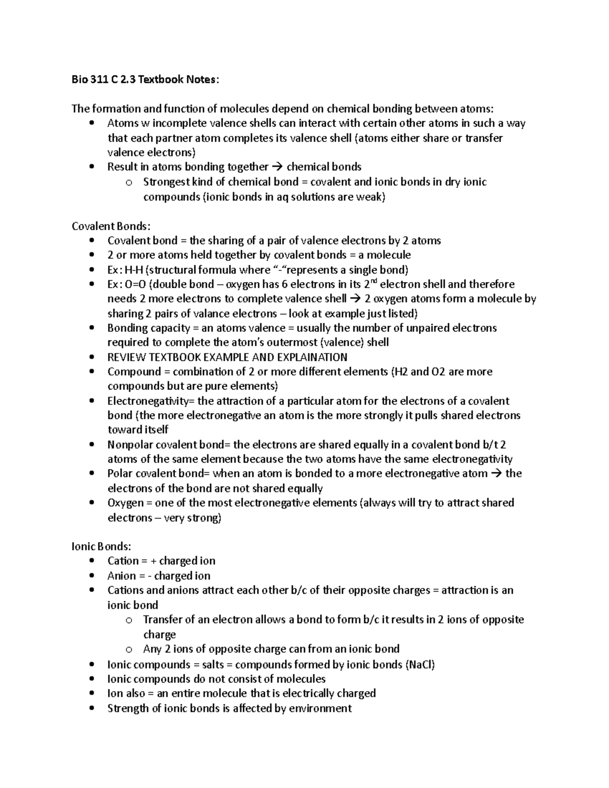 Bio 311C chapter 2.3, 3, 4.2-4.3 Notes - Bio 311 C 2 Textbook Notes ...