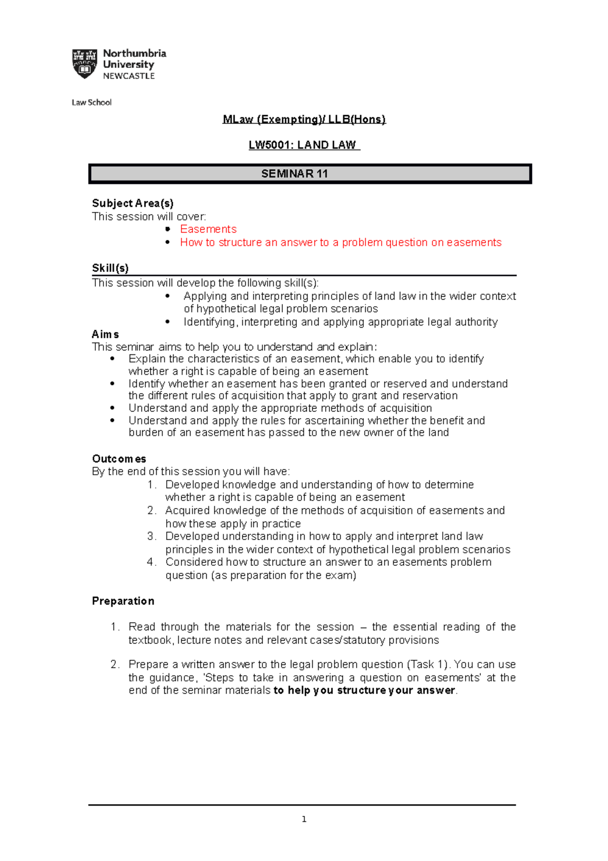 LW5001 -Seminar 11- Easements - MLaw (Exempting)/ LLB(Hons) LW5001 ...