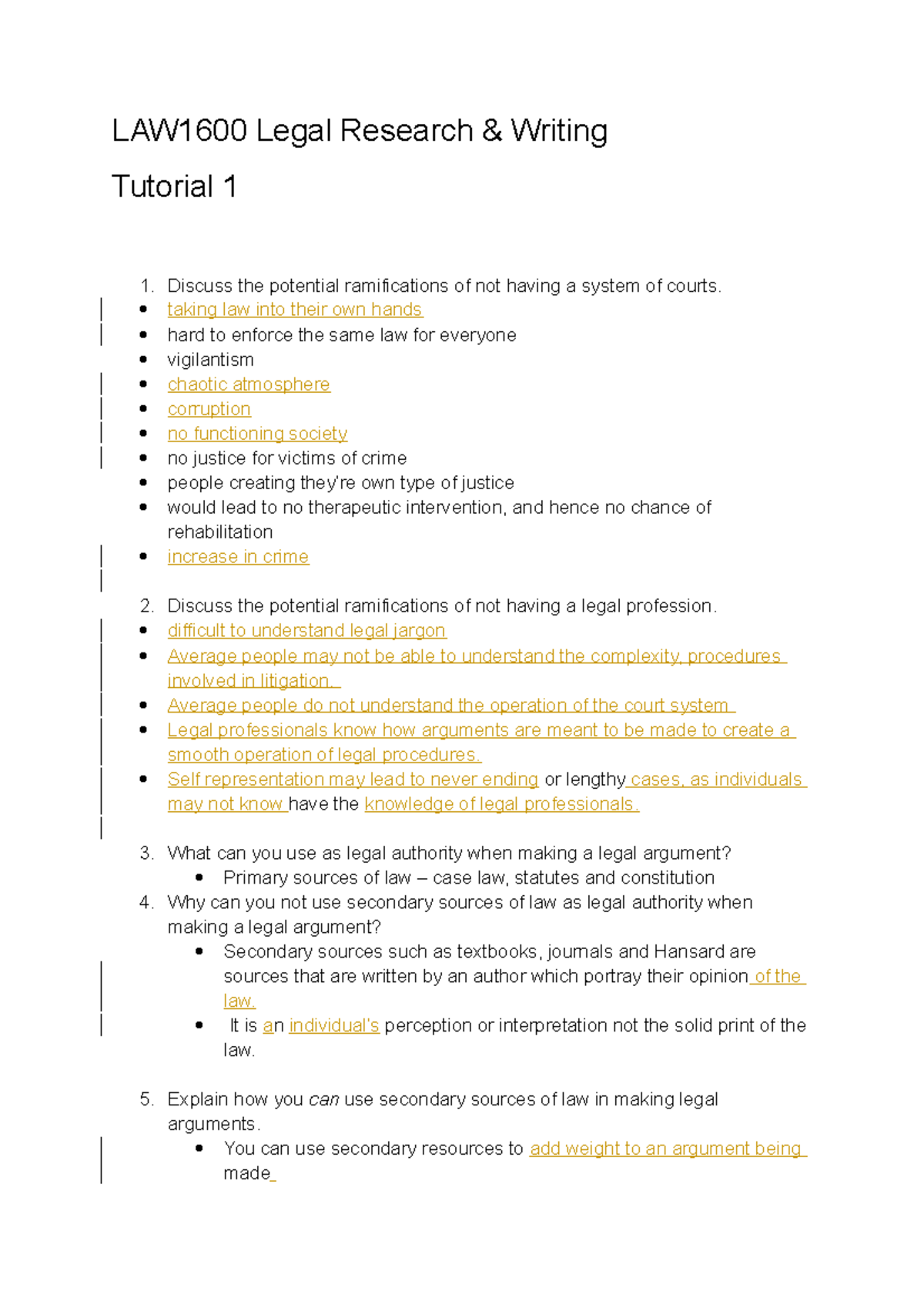 LAW1600 Tutorial 1 - LAW1600 Legal Research & Writing Tutorial 1 1 ...